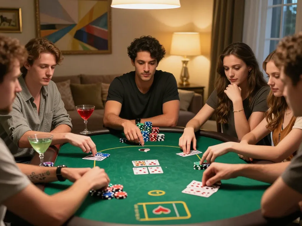 Friends enjoying a dynamic poker game at home, showcasing strategy with MM88 themed chips and cards.