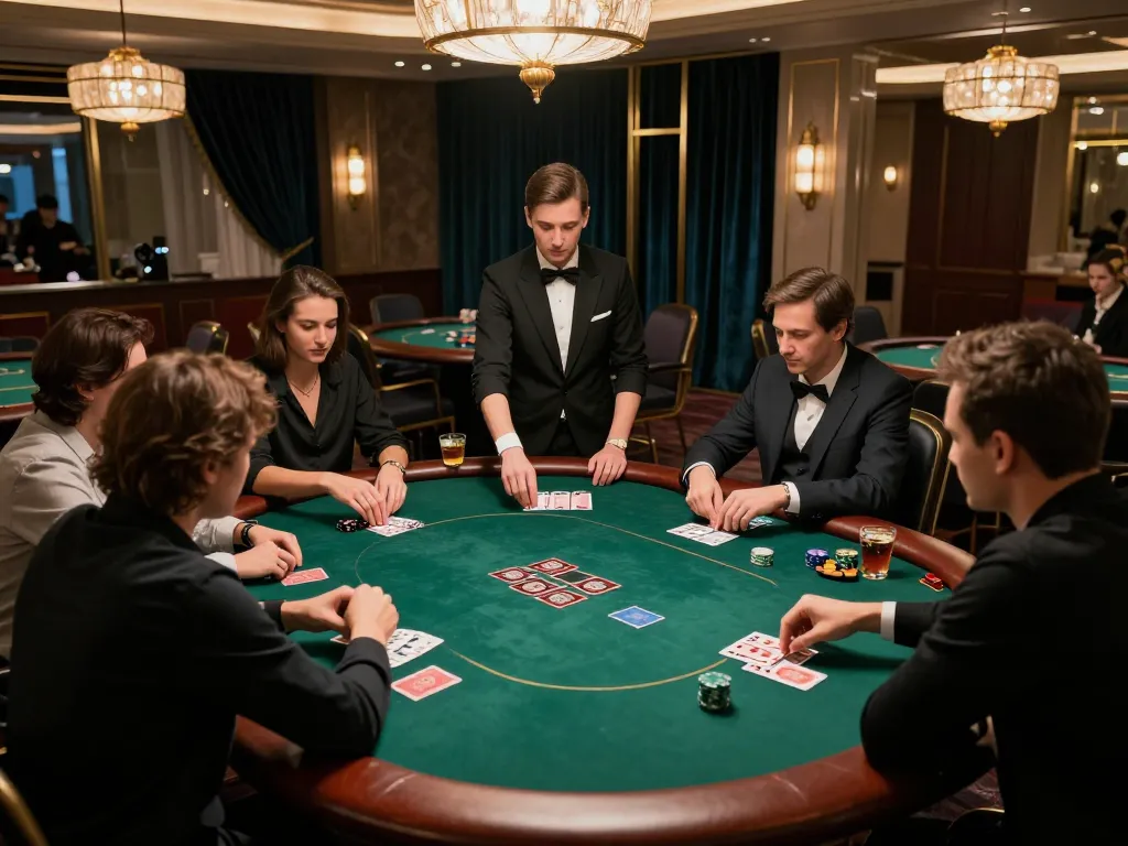 Poker enthusiasts engage in strategic gameplay at a high-stakes table in an upscale casino, focusing on their cards and bets while enjoying the luxurious atmosphere of https://9bet9.in.net.