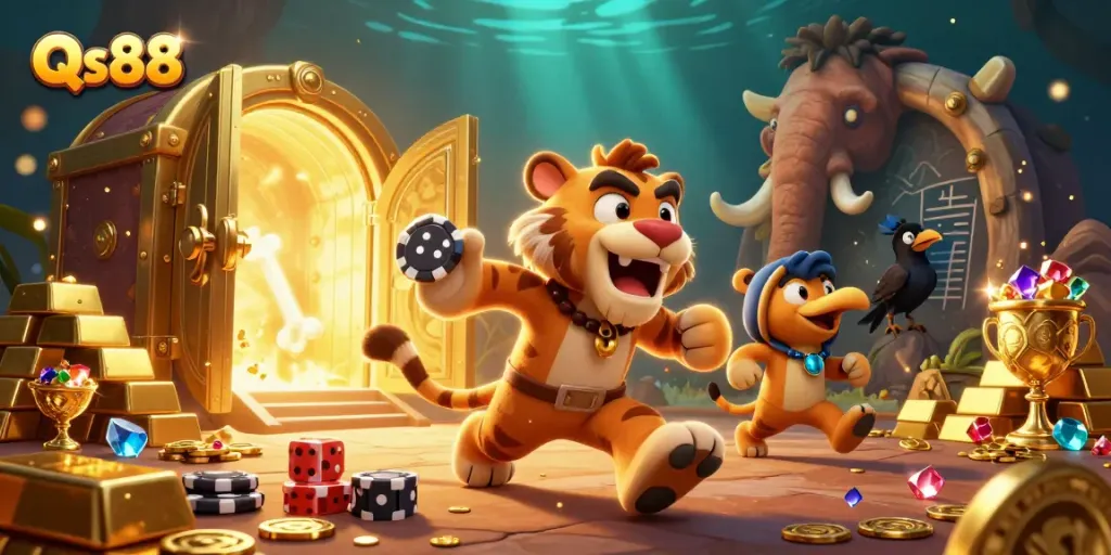 Experience exciting gameplay at Qs88 with charming cartoon characters in a vibrant casino scene.