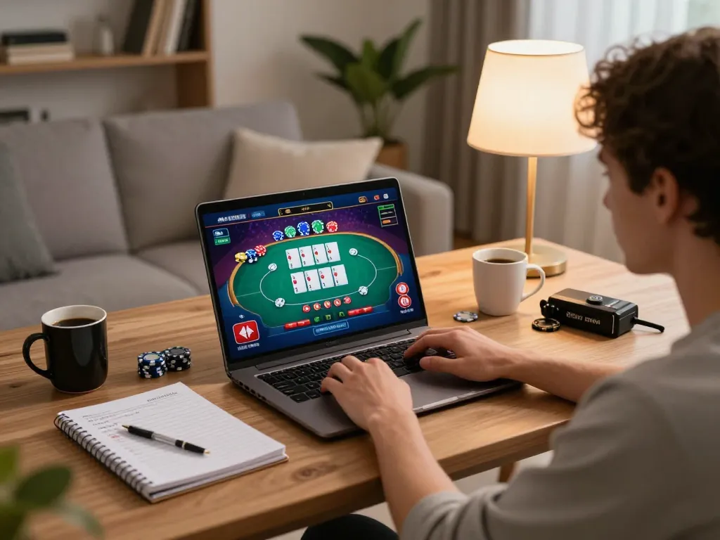 Player engaging with hi88 online casino platform on a laptop from a cozy living room.