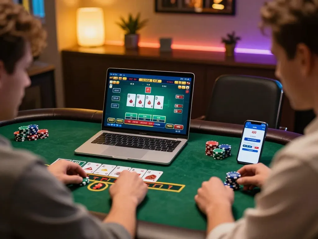 Player enjoying blackjack on ALO8 VIP app in stylish home casino setup