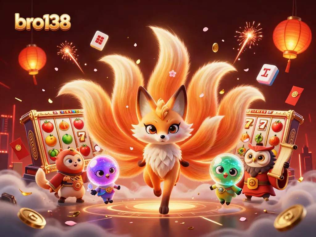 Experience thrilling slots and jackpots at bro138 with a vibrant 3D casino scene featuring colorful characters.
