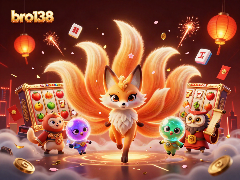Experience thrilling slots and jackpots at bro138 with a vibrant 3D casino scene featuring colorful characters.