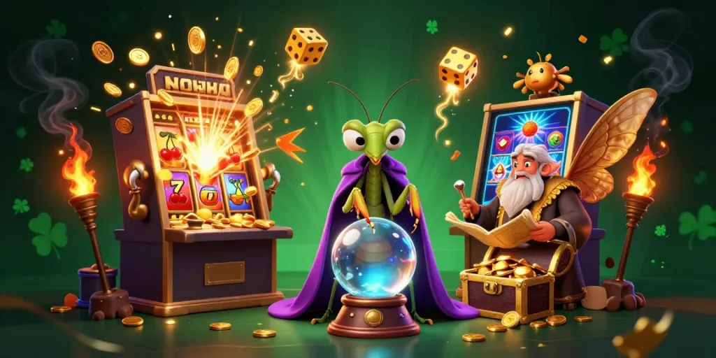 Experience the magic of NOHU with a vibrant scene featuring a fortune teller and ancient librarian surrounded by casino elements.