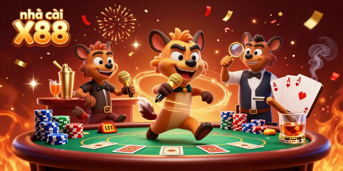 Engage with nhà cái X88 at a lively casino, showcasing humor and excitement in a dynamic gambling scene.