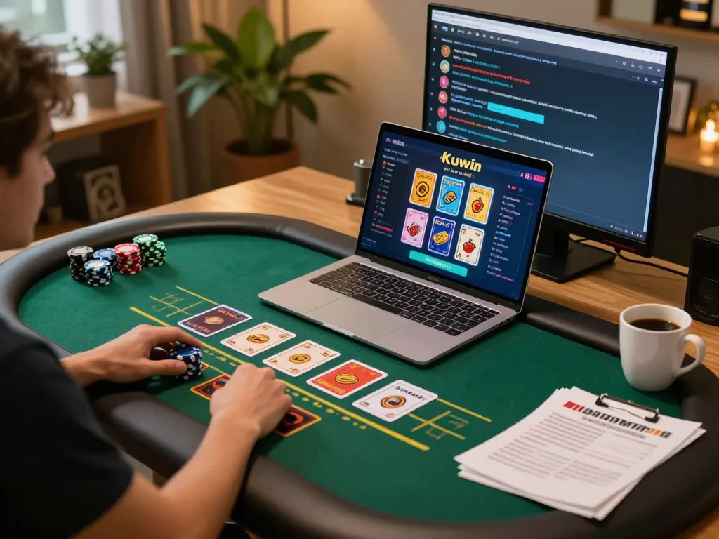 Kuwin player enjoying a live dealer game on a laptop at home, showcasing strategic gameplay.