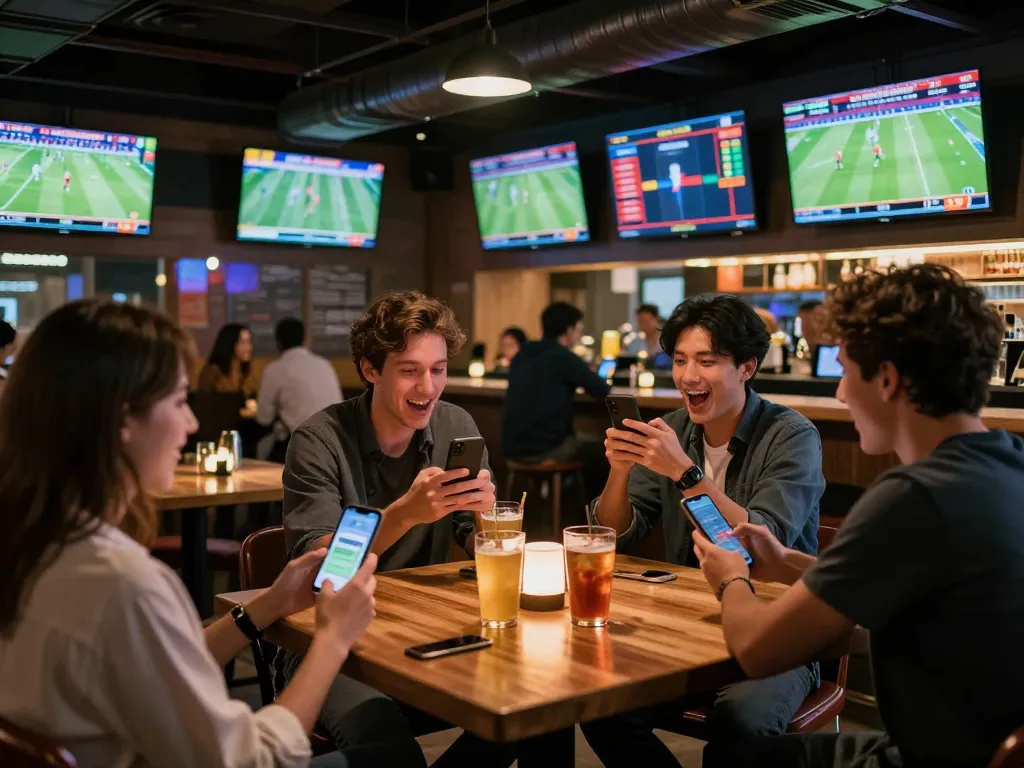 Engaged patrons placing 88aa bet in lively sports bar with multiple screens displaying games