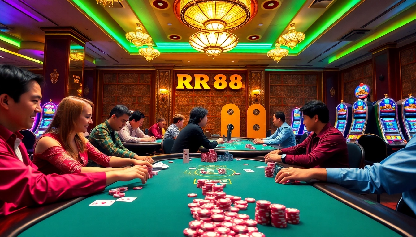 Engaging RR88 casino scene with players enjoying vibrant games and lively atmosphere.