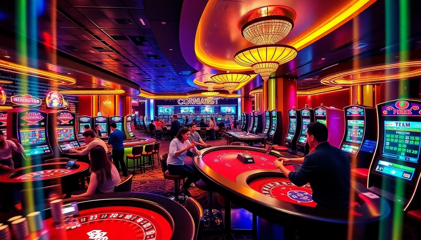 Players enjoying a thrilling night at CM88 casino, showcasing poker tables and vibrant decorations.
