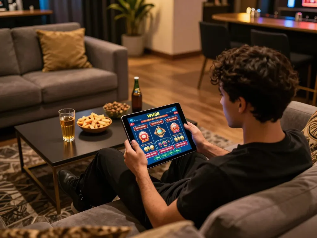 Engaging with the WW88 casino app on a tablet in a cozy home setting, showcasing online gambling.