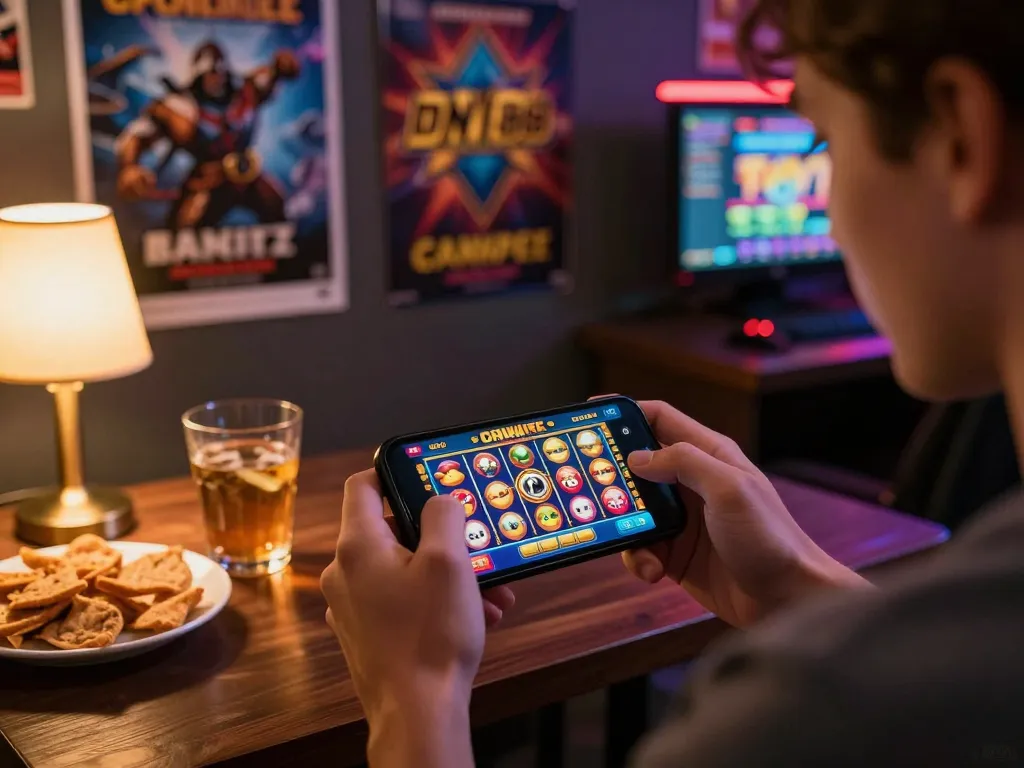 Player enjoying thrilling DN 88 mobile casino gameplay on smartphone, surrounded by snacks in cozy setting