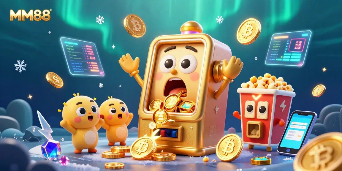 Cheer as the MM88 slot machine hits the jackpot, showering coins amidst crypto elements in an exciting casino scene.