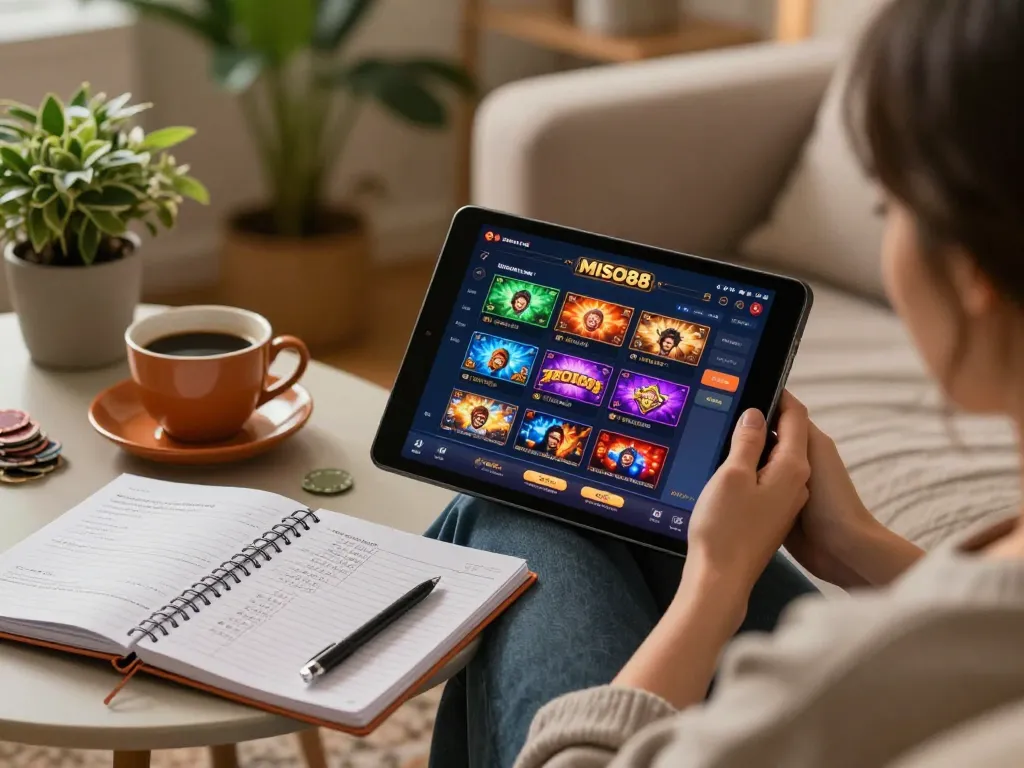 MISO88 user enjoying online casino gaming on a tablet in a cozy home setting