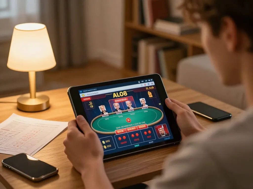 Player engaging in ALO8 online gambling on a tablet with poker hands and strategy notes visible.