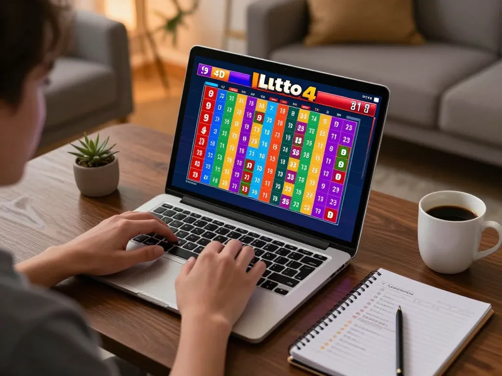 Check 4D result lotto 9 on laptop during online gaming session with strategic notes.