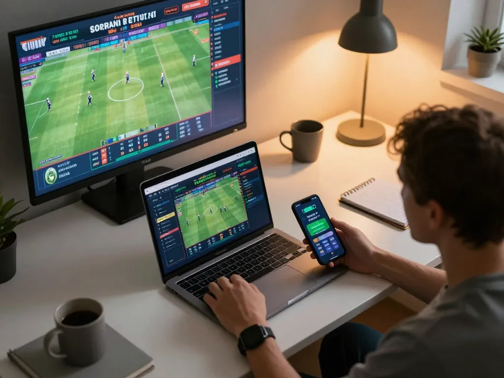 Engaging sports betting action on F8BET app within a modern home office setting.