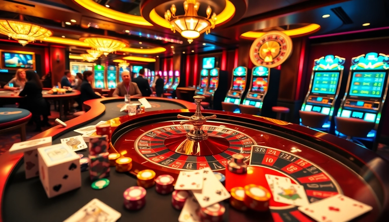 A captivating gambling scene at Go8 casino showcasing players in action at a roulette table with vibrant slot machines in the background.