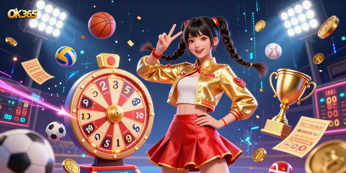 Engage with OK365's gaming excitement featuring a vibrant Asian woman celebrating wins amid dynamic sports and gaming elements.