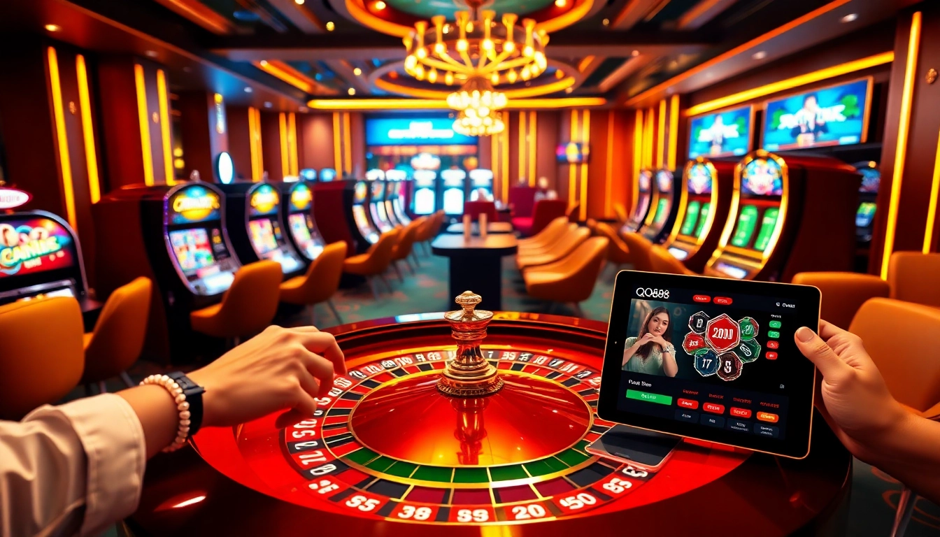 Experience the thrill of QQ88 with an engaging casino scene, featuring roulette and poker excitement.