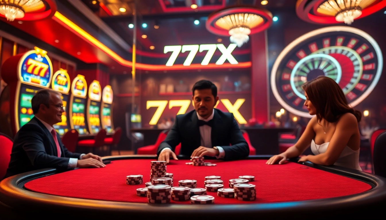 Experience the excitement at 777X with players enjoying high-stakes poker in a luxurious casino.