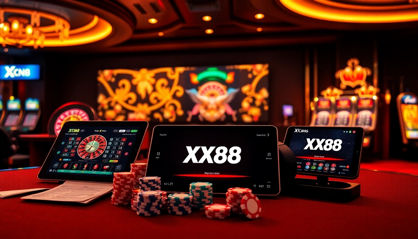 Experience thrilling online gaming at XX88 with dynamic casino visuals, roulette wheels, and poker tables.