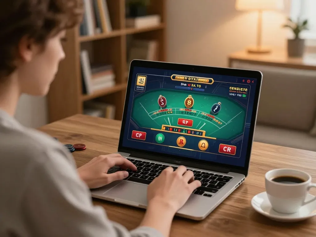 Engaging player enjoying online gaming at https://f168.osaka/ with laptop showcasing blackjack.