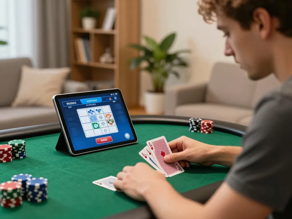 Player enjoying online poker with MM88 on a tablet in a cozy home atmosphere, focusing on strategy and engagement.