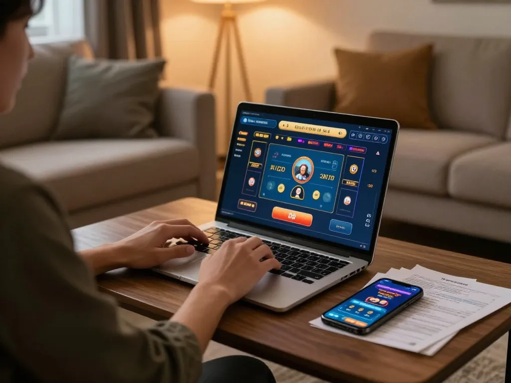 Home gaming scene showing a player engaged with online casino games at a house, highlighting nhà cái uy tín and responsible gambling.