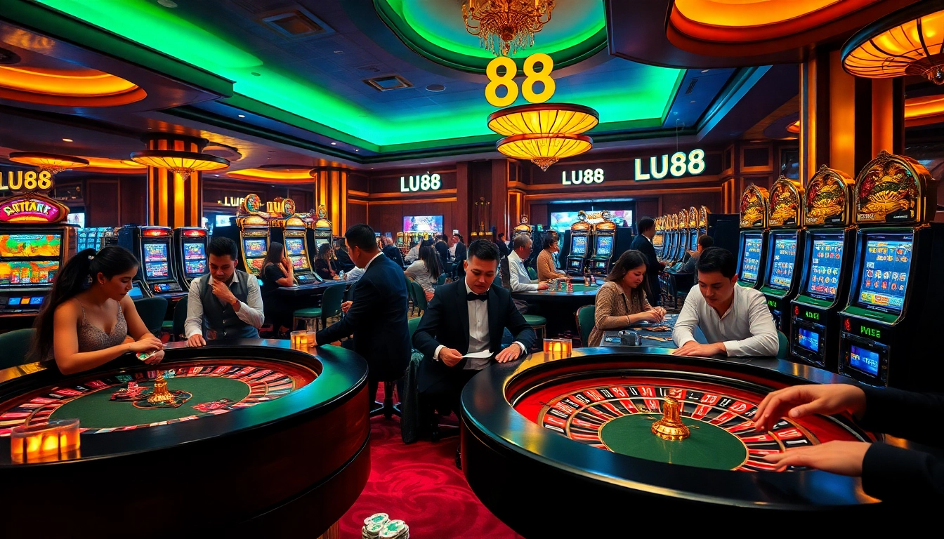 LU88 players strategizing over cards at a vibrant casino table filled with excitement.