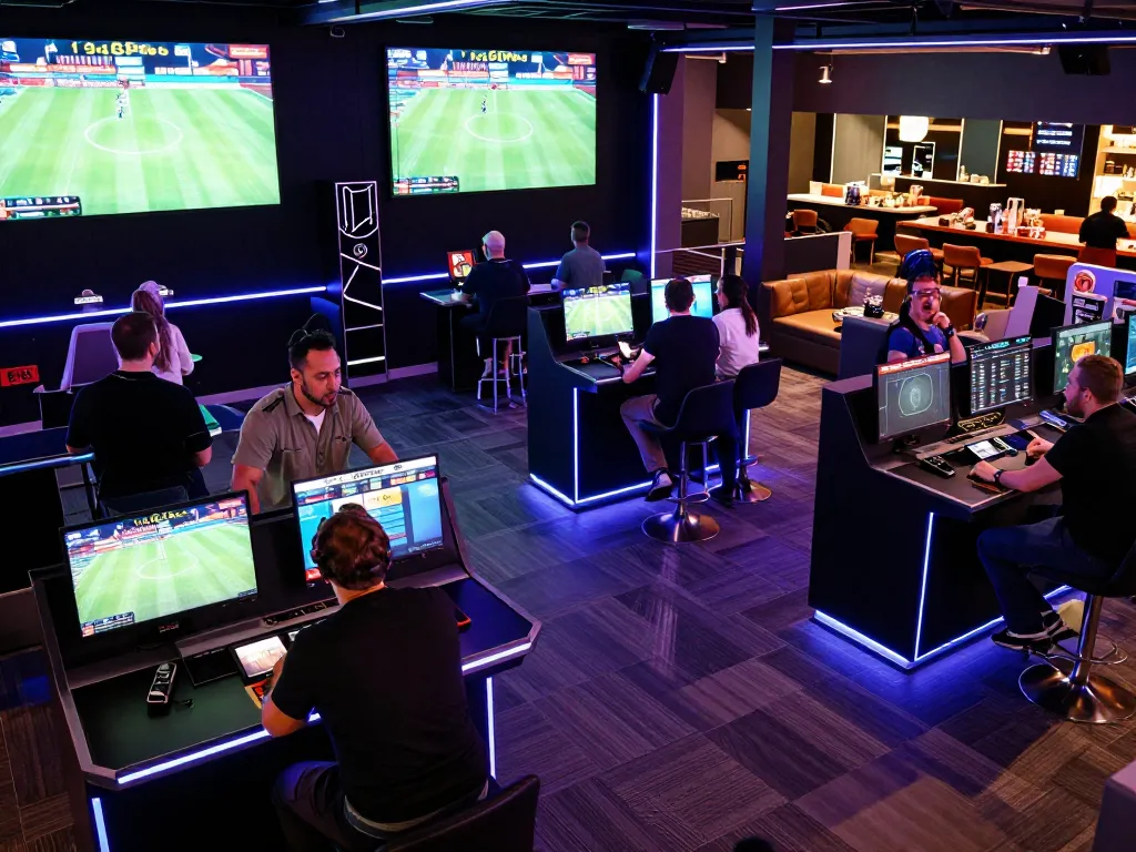 F168 bettors placing wagers in a vibrant sports betting venue, illuminated screens showcasing live games