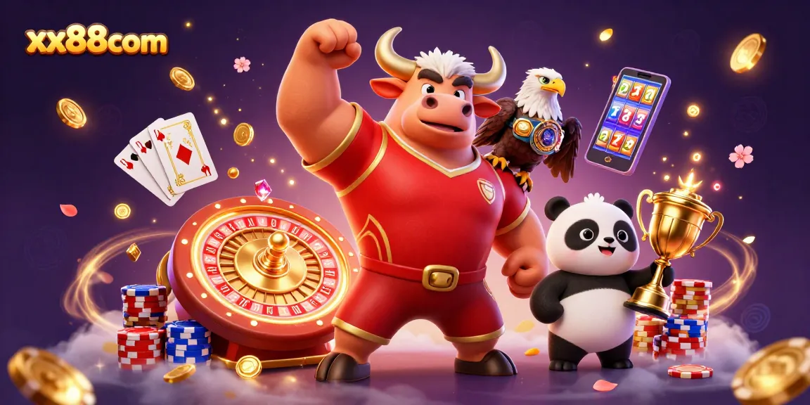 Win big at xx88com with a vibrant casino scene featuring a bull mascot and golden rewards.