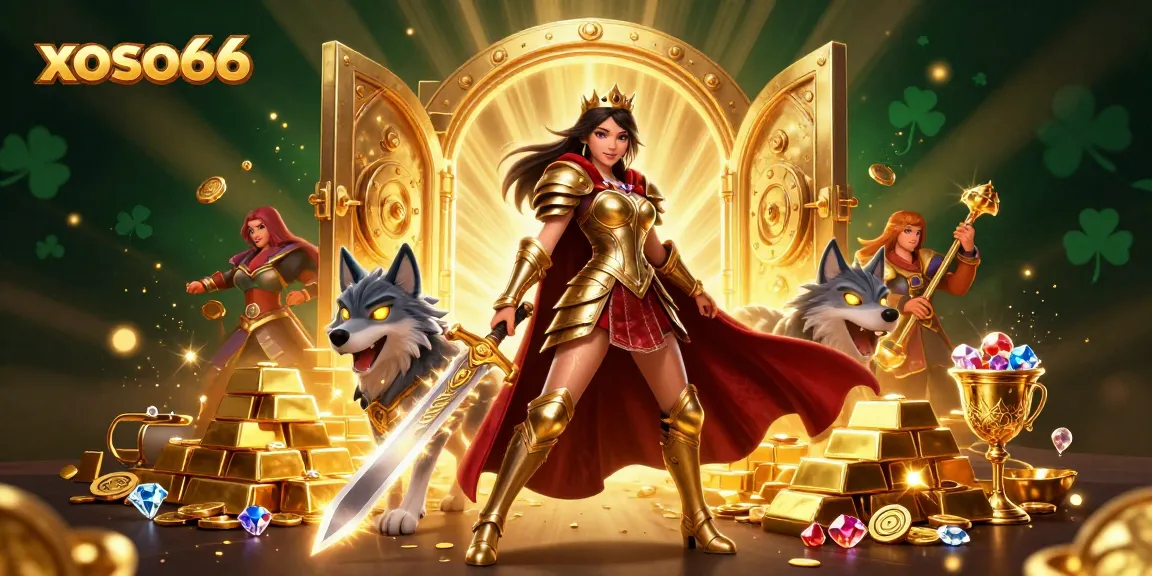 Experience thrilling wins at xoso66 with a powerful warrior and treasure-filled scene in a dynamic casino adventure.
