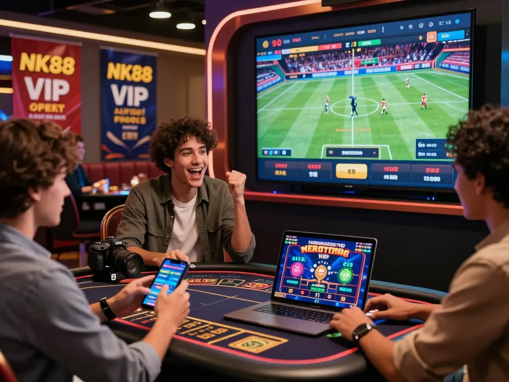 Engaged players enjoying NK88 VIP gaming experience in a modern online casino.