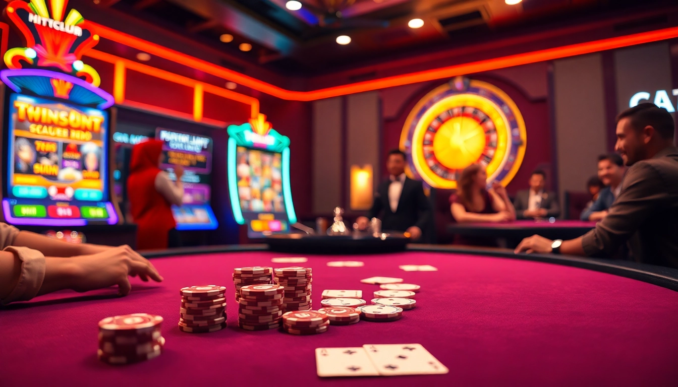 Hitclub players enjoying an exciting poker game at a vibrant casino table.