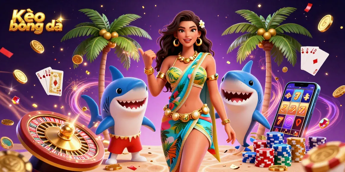 Place your bets with Kèo bóng đá, featuring a vibrant 3D scene of festive casino excitement.