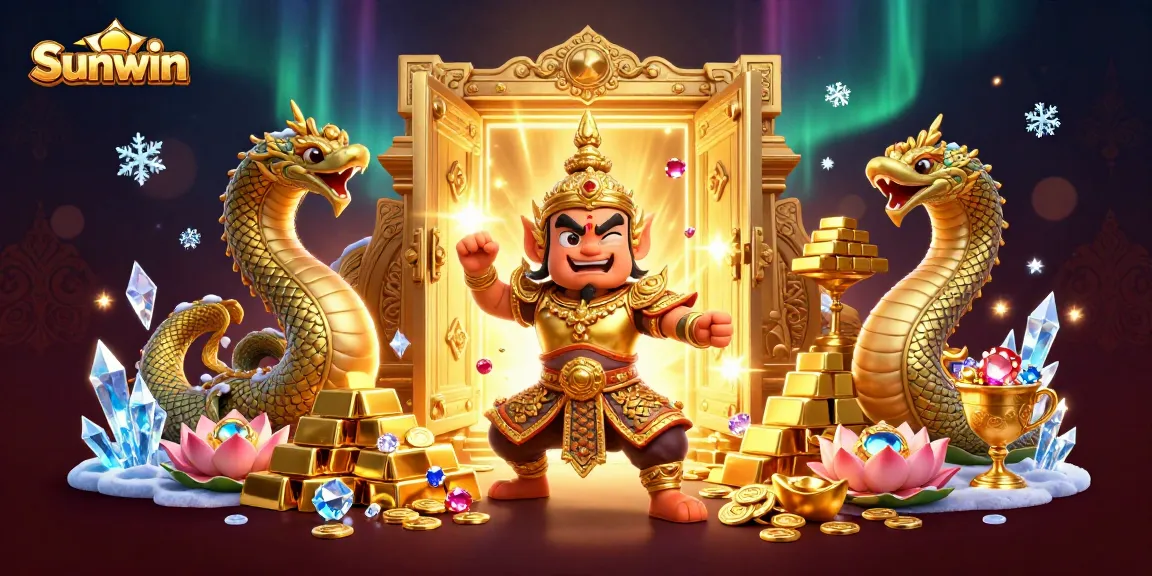 Spin and win big at Sunwin's vibrant casino with golden treasures and 3D characters.
