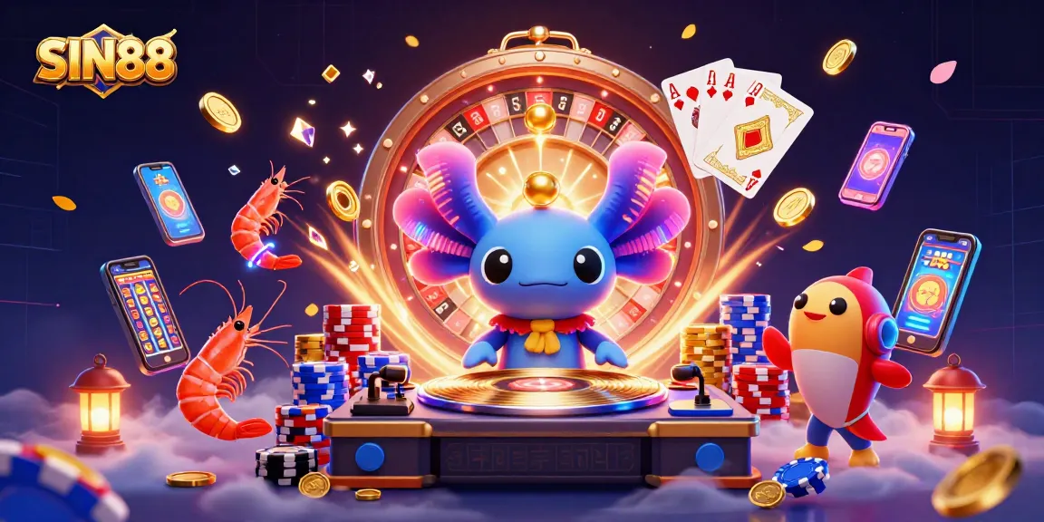 SIN88 showcases a vibrant casino scene with a DJ axolotl and joyful sea creatures, celebrating exciting gaming.
