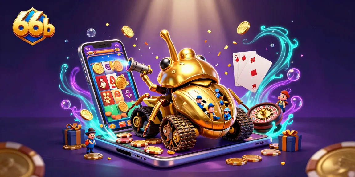 Experience the excitement of 66b's casino with a playful golden beetle tank showcasing slot games and confetti.