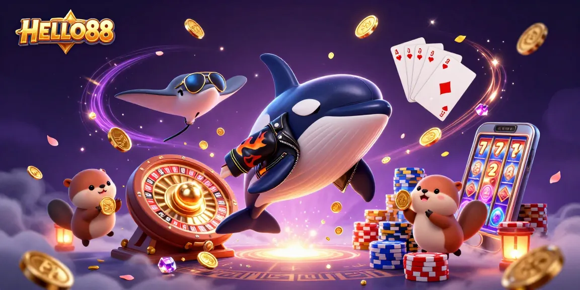 Engaging illustration of HELLO88 featuring a cartoon orca and fun sea creatures enjoying a dynamic casino adventure.