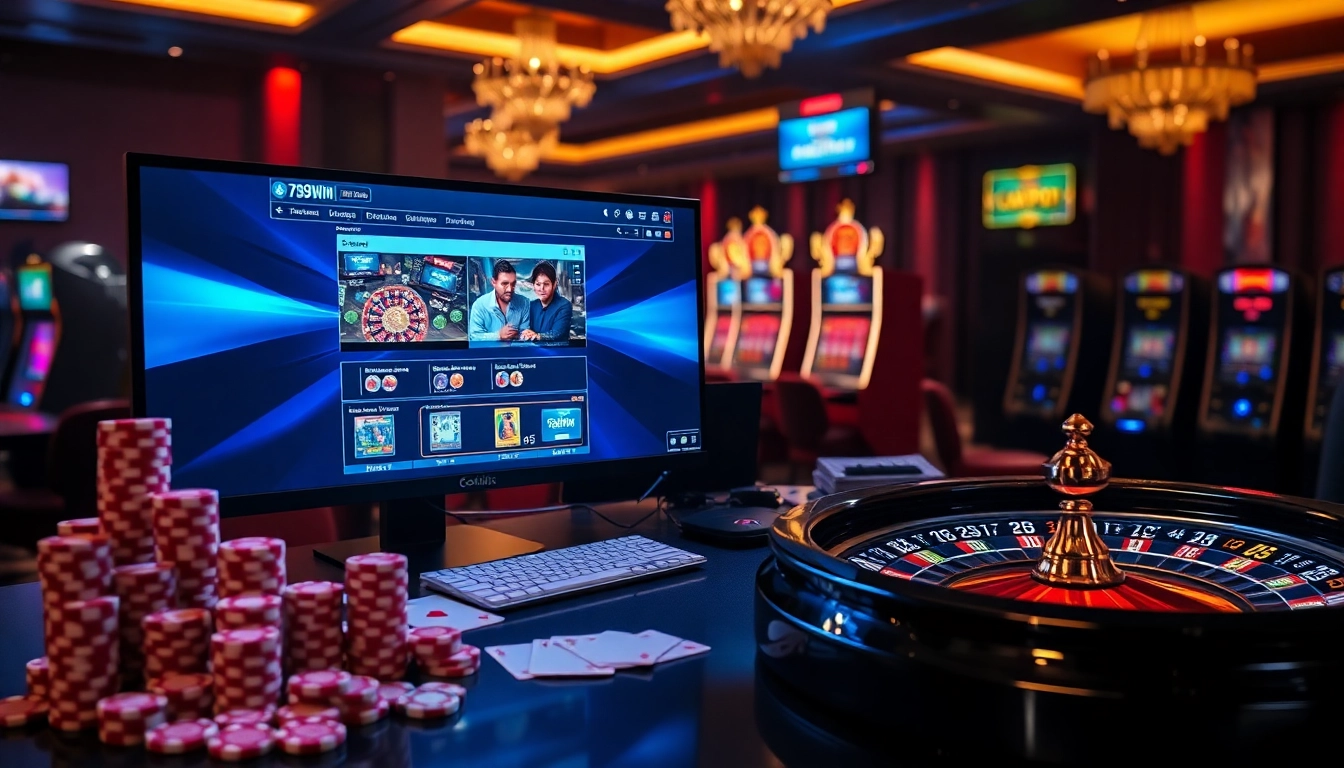 Engaging with an advanced betting interface showcasing link vào 789win emphasized with poker chips and roulette wheel for premium online gambling action