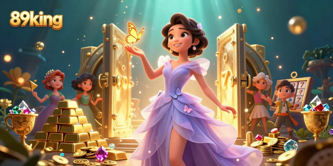 Win big with 89king in an enchanting casino scene filled with treasures and vibrant slot game elements.