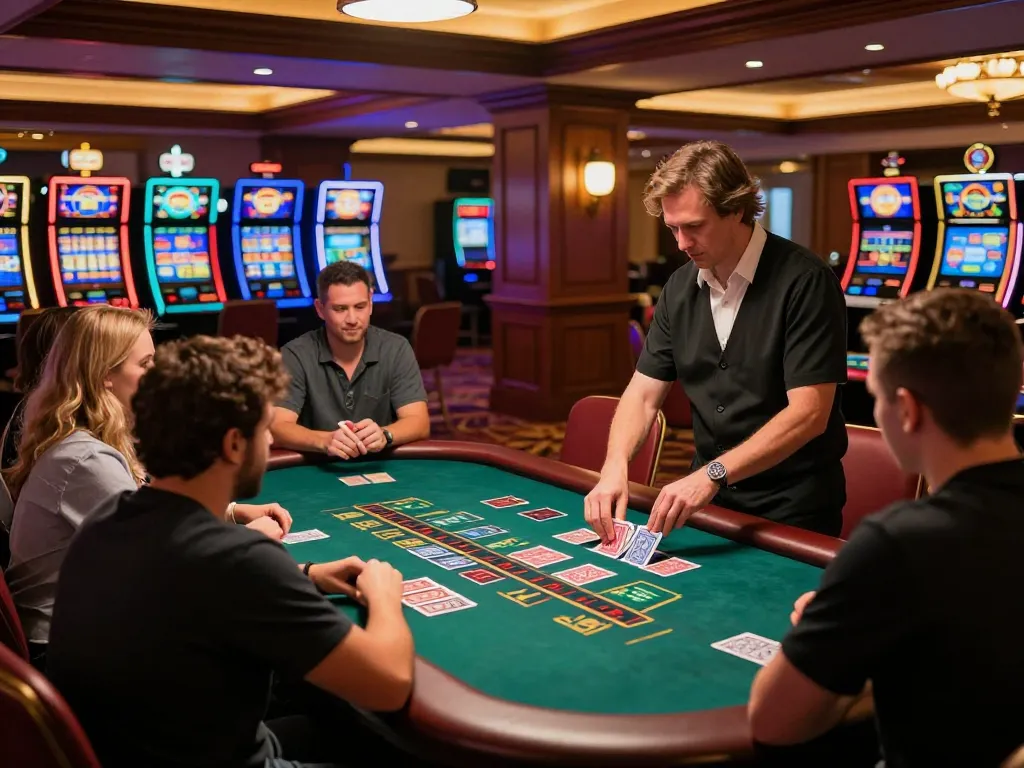 Players enjoying a thrilling game of blackjack at 13Win casino with vibrant atmosphere and warm lighting