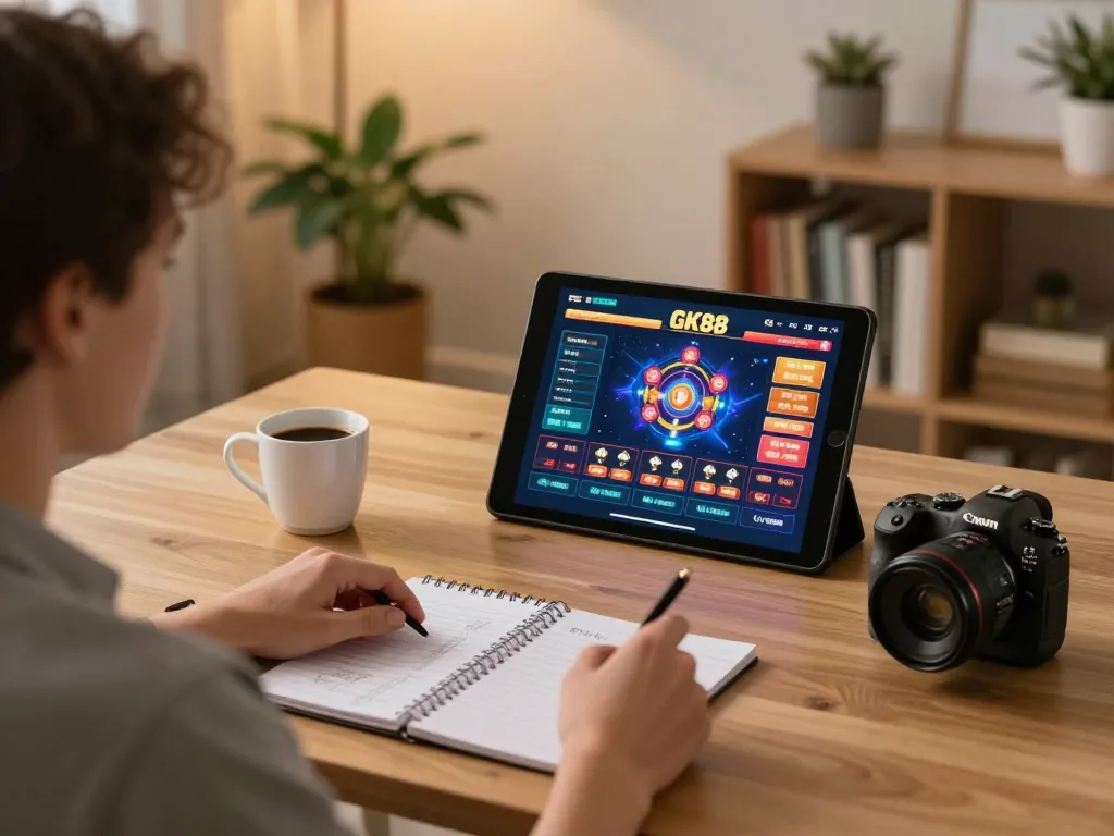 Engaging in thrilling online gameplay at GK88, showcasing a cozy home gaming atmosphere with strategy notes.