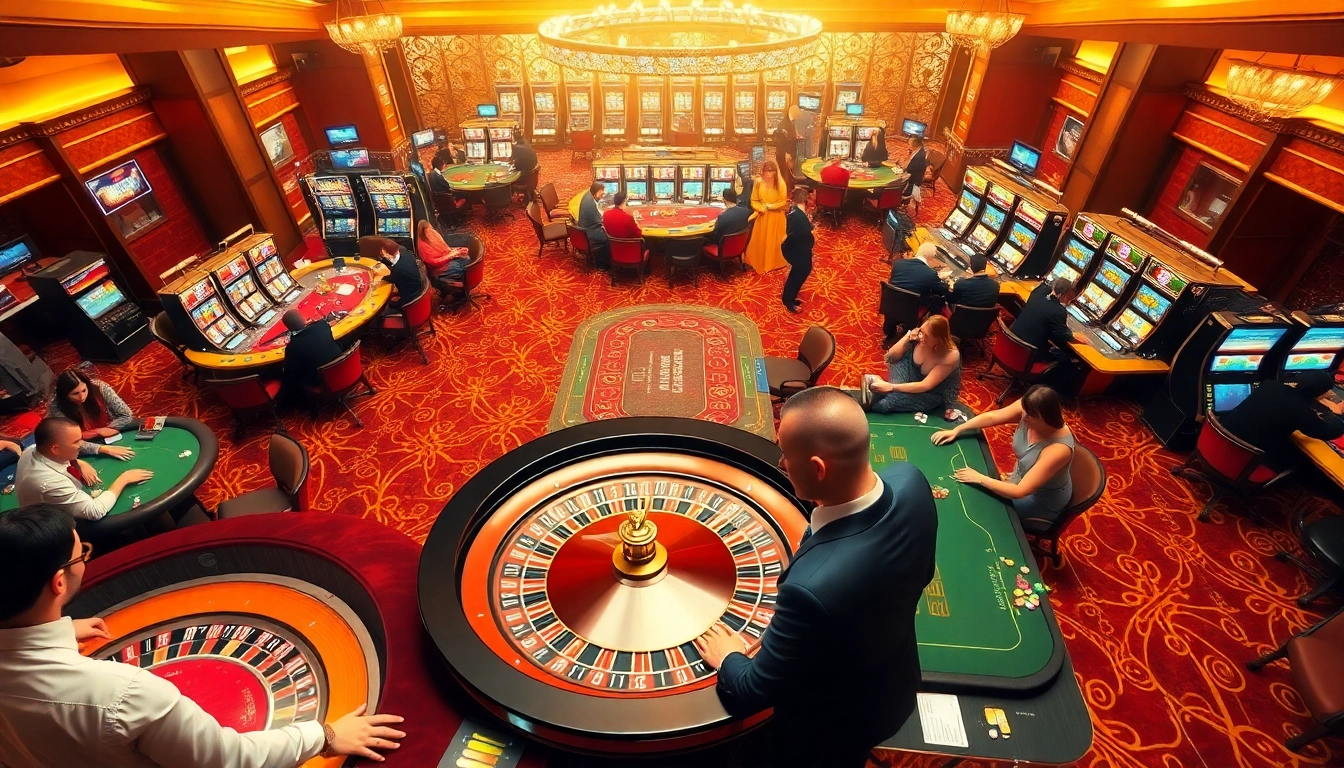 Exciting KP88 casino scene showcasing players at roulette and poker tables in a luxurious setting.