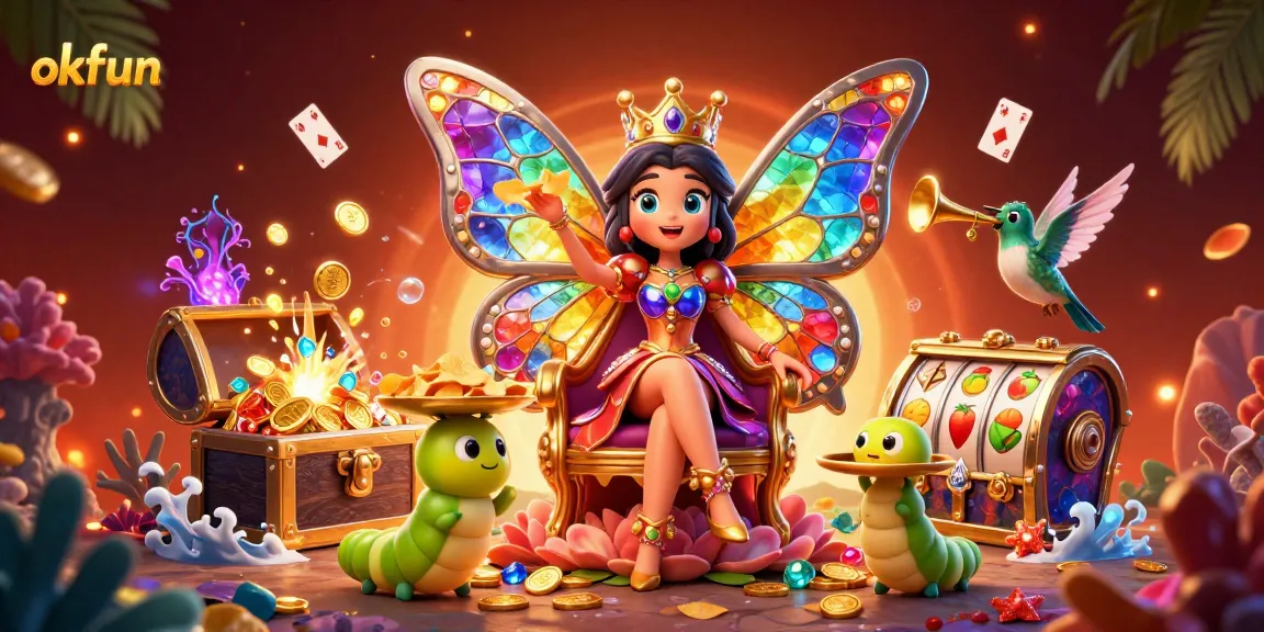 Spin and win at okfun with vibrant casino-themed illustration featuring magical elements and engaging characters.