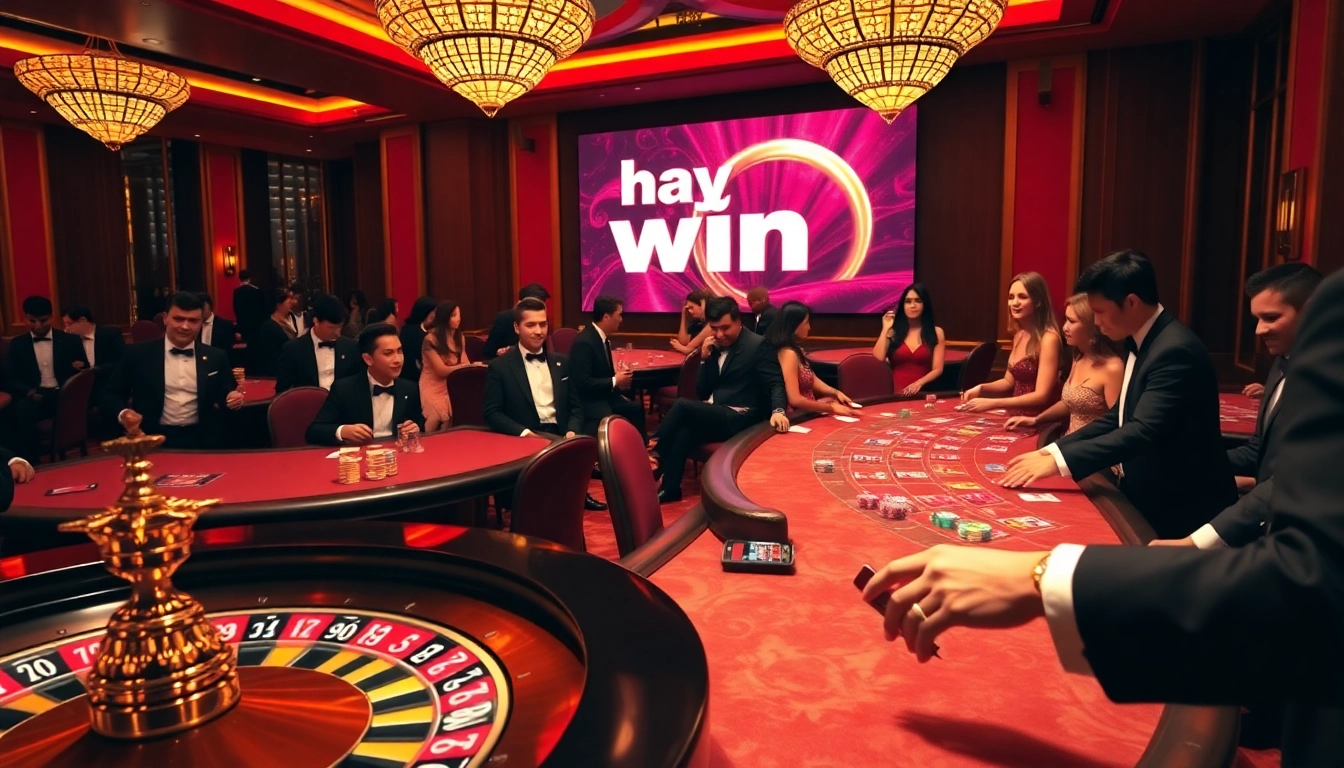 Excited gamblers engaging at a casino table during 'hay win' promotion with vibrant gameplay.