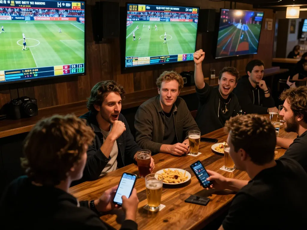 A person places bets on their smartphone at a lively sports bar while enjoying the atmosphere at 33win1.
