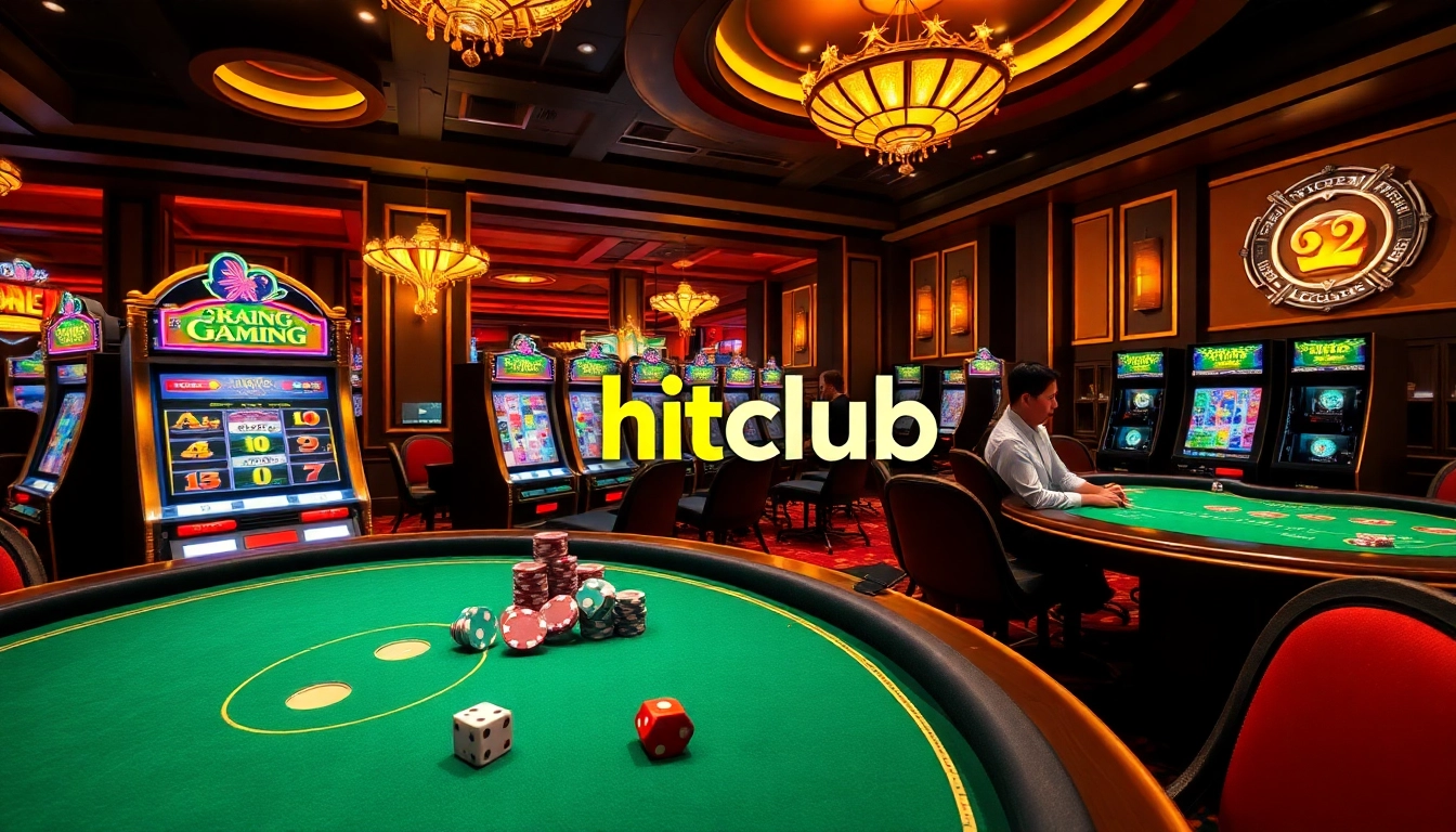 Cổng game hitclub offering thrilling online casino action with poker chips and slot machines.
