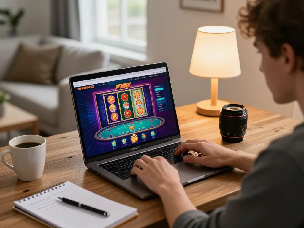 Engaging online gambling scene at https://f168.sarl/ showcasing a player using a laptop with casino games.