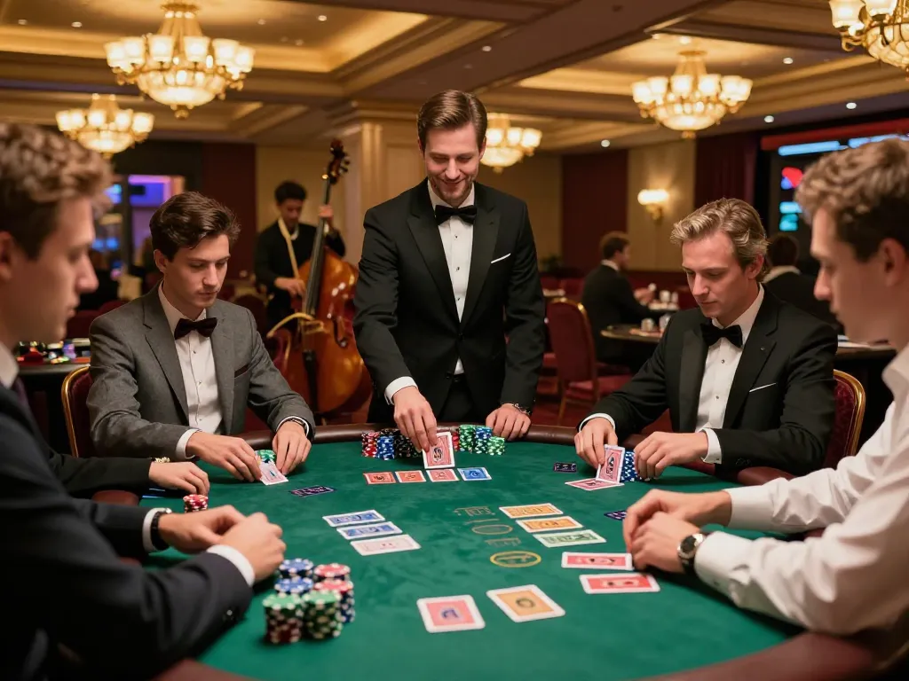 Players enjoying an exciting game at QH88go blackjack table, showcasing strategic card actions and stunning casino atmosphere.